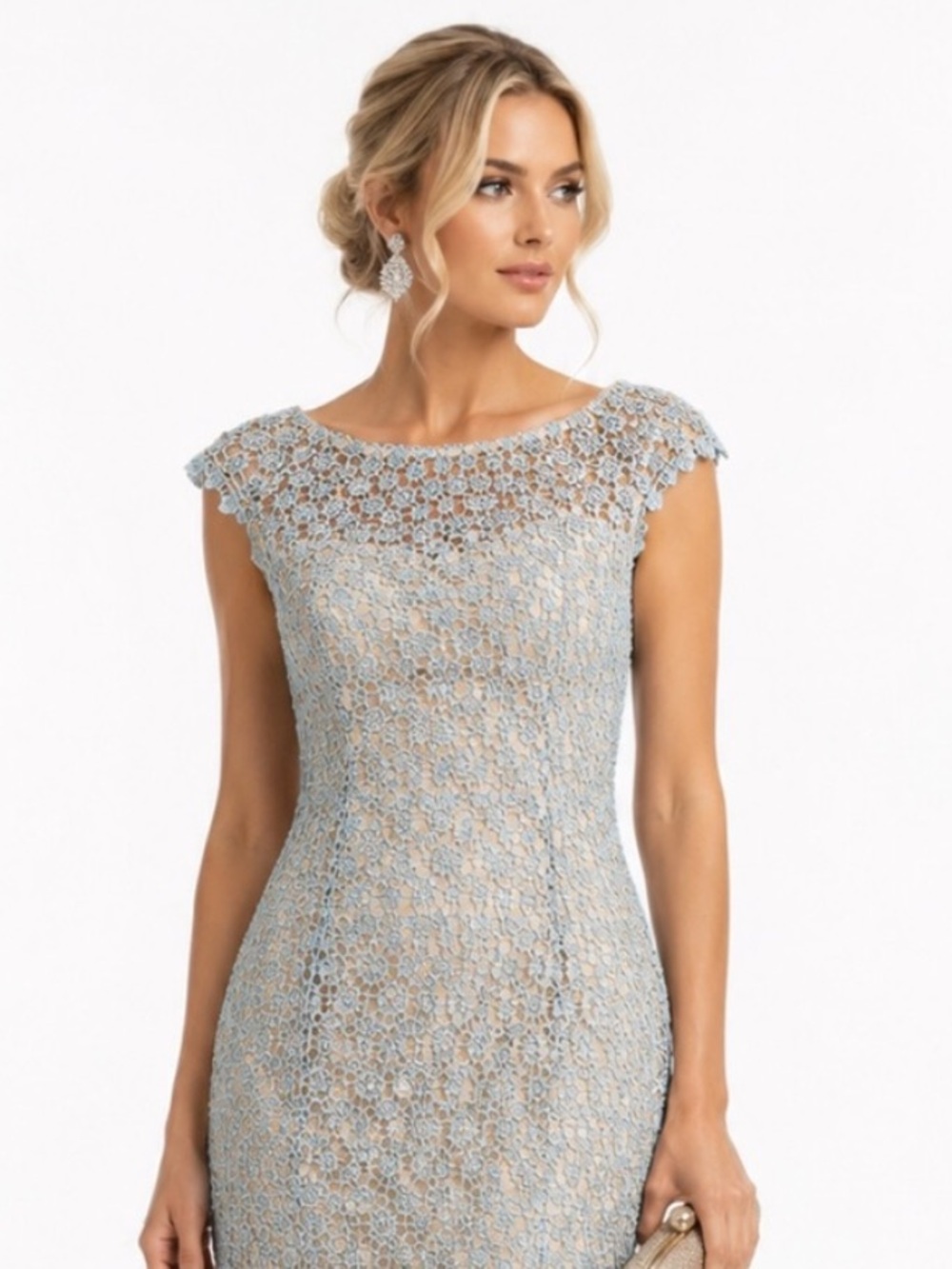 🖤5/$25 Adriana Papell Lace chrochet dress open back blue sea foam trim detail NW - Picture 2 of 16
